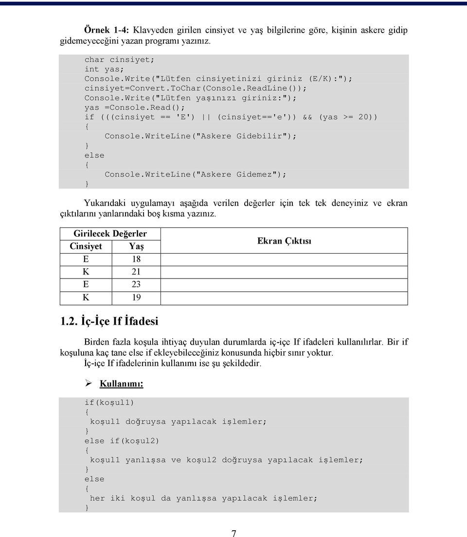 Read(); if (((cinsiyet == 'E') (cinsiyet=='e')) && (yas >= 20)) Console.WriteLine("Askere Gidebilir"); else Console.
