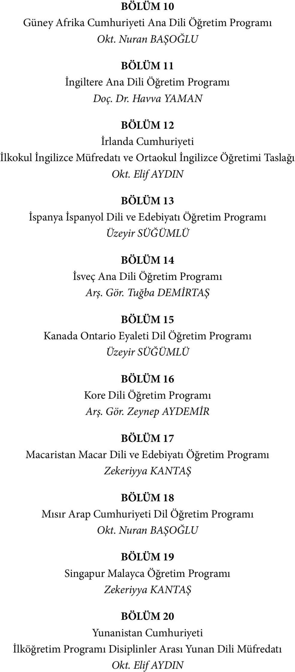 Elif AYDIN BÖLÜM 13 İspanya İspanyol Dili ve Edebiyatı Öğretim Programı Üzeyir SÜĞÜMLÜ BÖLÜM 14 İsveç Ana Dili Öğretim Programı Arş. Gör.