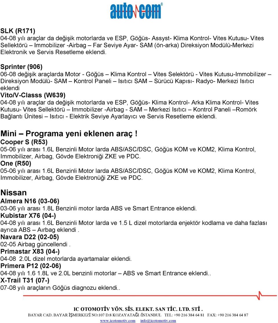 Sprinter (906) 06-08 değişik araçlarda Motor - Göğüs Klima Kontrol Vites Selektörü - Vites Kutusu-Immobilizer Direksiyon Modülü- SAM Kontrol Paneli Isıtıcı SAM Sürücü Kapısı- Radyo- Merkezi Isıtıcı