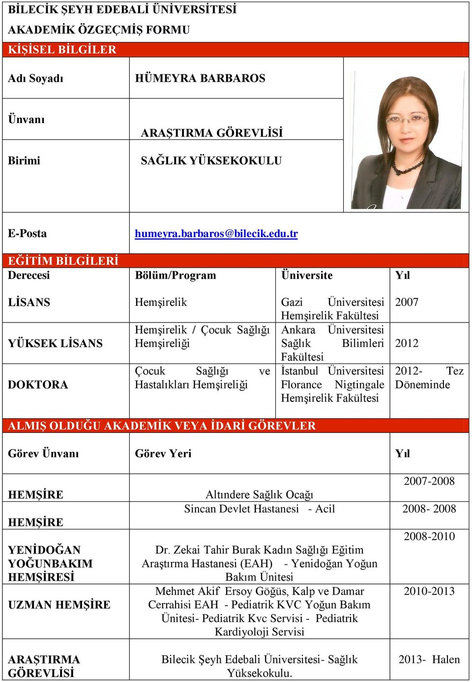 Hemşirelik Fakültesi Ankara Üniversitesi Sağlık Bilimleri Fakültesi İstanbul Üniversitesi Florance Nigtingale Hemşirelik Fakültesi 2007 2012 2012- Tez Döneminde ALMIġ OLDUĞU AKADEMĠK VEYA ĠDARĠ