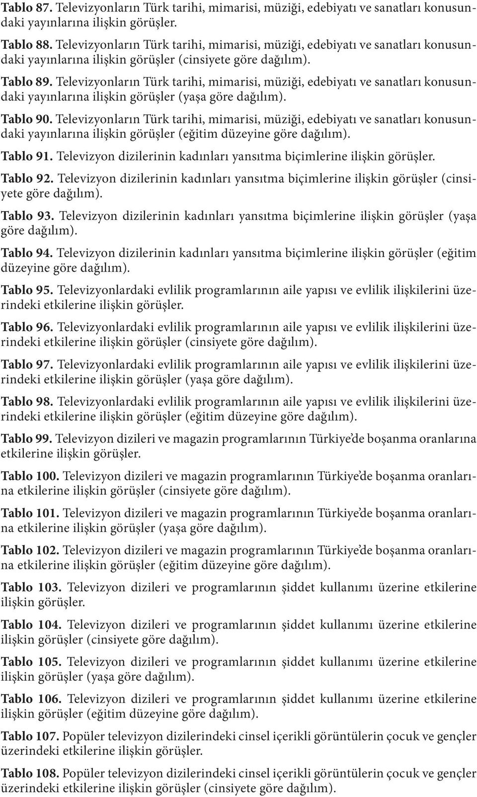 Televizyonların Türk tarihi, mimarisi, müziği, edebiyatı ve sanatları konusundaki yayınlarına ilişkin görüşler (yaşa göre dağılım). Tablo 90.