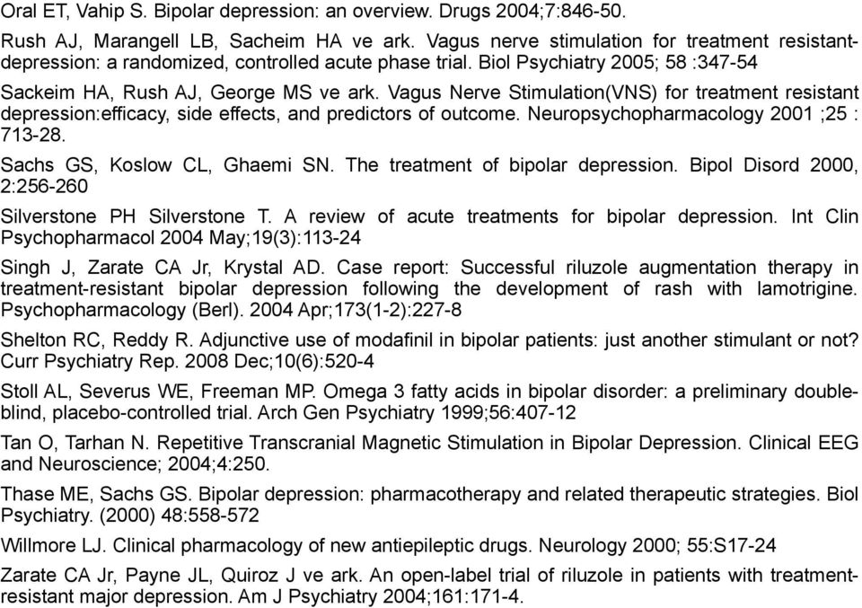 Vagus Nerve Stimulation(VNS) for treatment resistant depression:efficacy, side effects, and predictors of outcome. Neuropsychopharmacology 2001 ;25 : 713-28. Sachs GS, Koslow CL, Ghaemi SN.