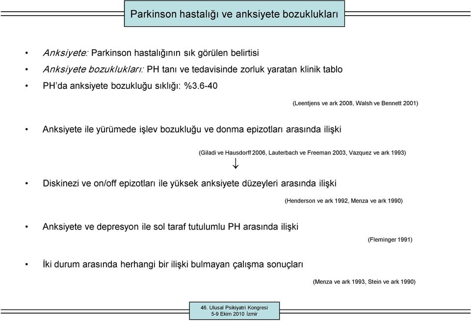 6 40 (Leentjens ve ark 2008, Walsh ve Bennett 2001) Anksiyete ile yürümede işlev bozukluğu ve donma epizotları arasında ilişki (Giladi ve Hausdorff 2006, Lauterbach ve Freeman 2003,