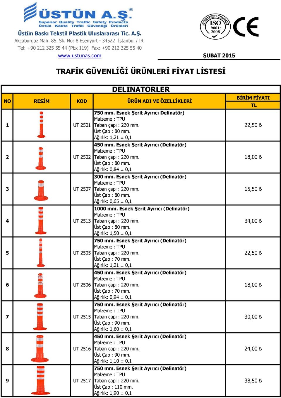 mm. Esnek Şerit Ayırıcı Delinatör) Üst Çap : 80 mm. Ağırlık: 1,21 ± 0,1 450 mm. Esnek Şerit Ayırıcı (Delinatör) Üst Çap : 80 mm. Ağırlık: 0,84 ± 0,1 300 mm.