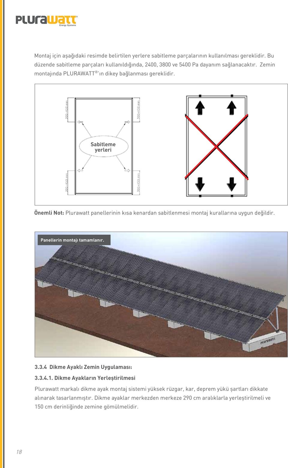 Sabitleme yerleri Önemli Not: Plurawatt panellerinin kısa kenardan sabitlenmesi montaj kurallarına uygun değildir. Panellerin montajı tamamlanır. 3.