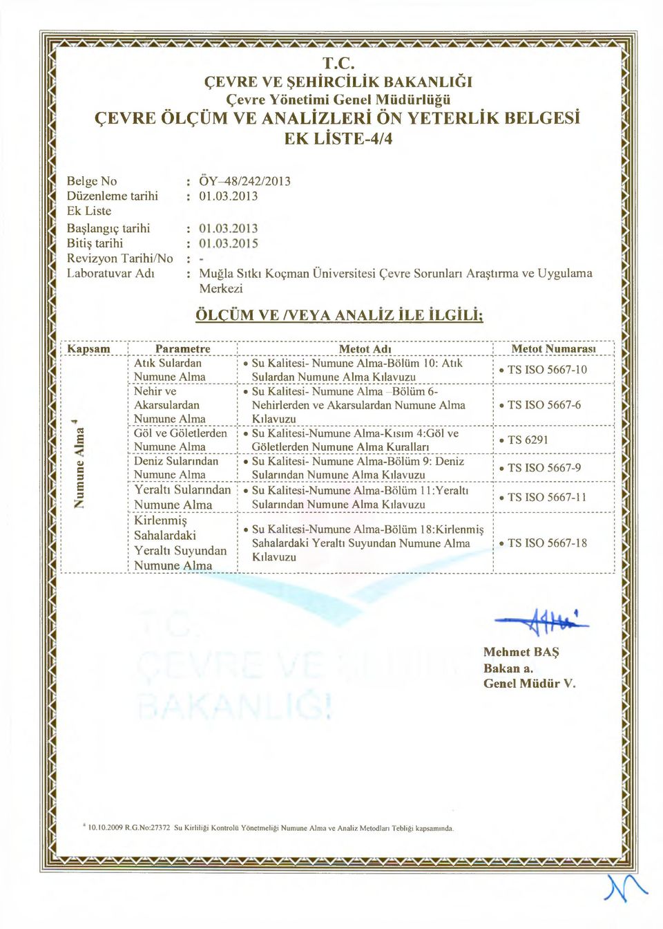 Deniz Sularından Su Kalitesi- Numune Alma-Bölüm 9: Deniz c TS ISO 5667-9 3 Numune Alma Sularından Numune Alma Kılavuzu S 3 Yeraltı Sularından Su Kalitesi-Numune Alma-Bölüm 11: Yeraltı TS ISO 5667-11