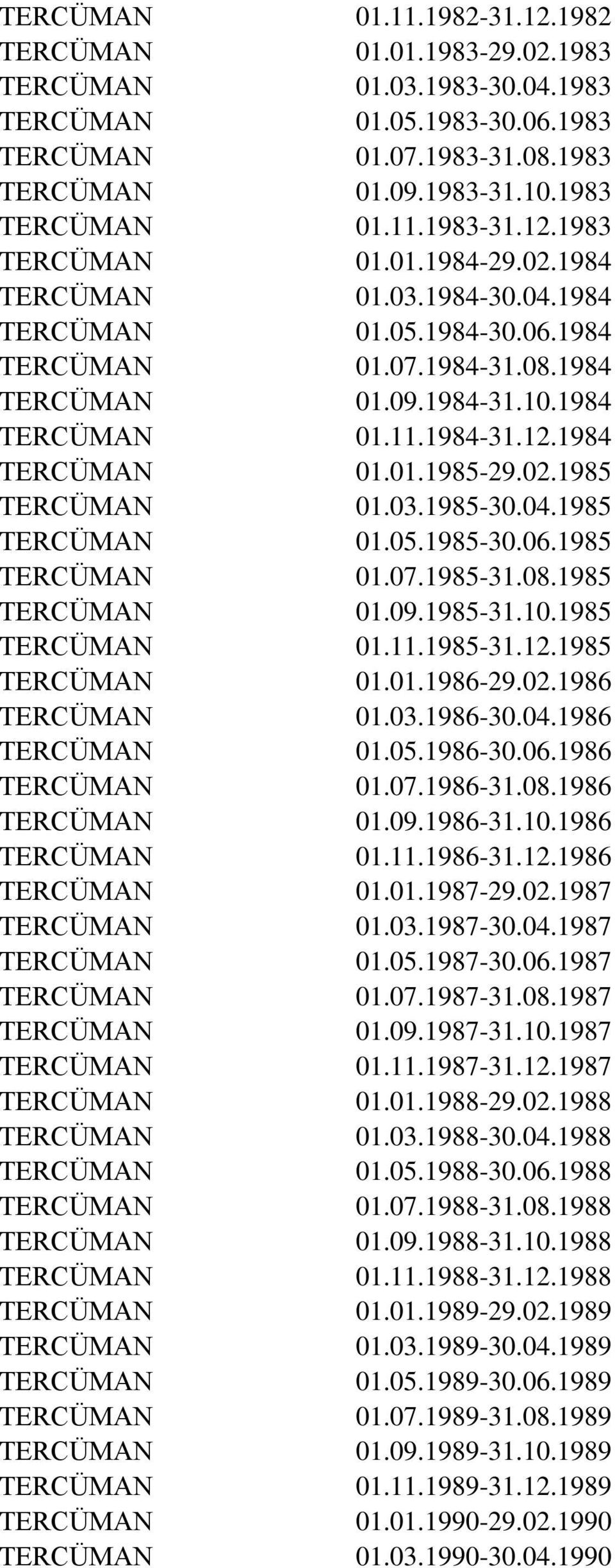 03.1985-30.04.1985 TERCÜMAN 01.05.1985-30.06.1985 TERCÜMAN 01.07.1985-31.08.1985 TERCÜMAN 01.09.1985-31.10.1985 TERCÜMAN 01.11.1985-31.12.1985 TERCÜMAN 01.01.1986-29.02.1986 TERCÜMAN 01.03.1986-30.04.1986 TERCÜMAN 01.05.1986-30.06.1986 TERCÜMAN 01.07.1986-31.