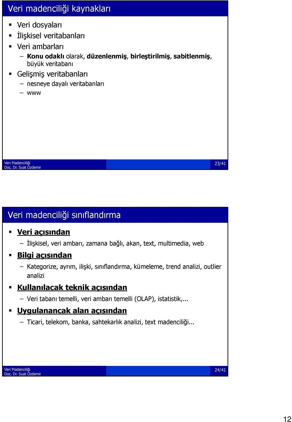 akan, text, multimedia, web Bilgi açısından Kategorize, ayrım, ilişki, sınıflandırma, kümeleme, trend analizi, outlier analizi Kullanılacak teknik açısından