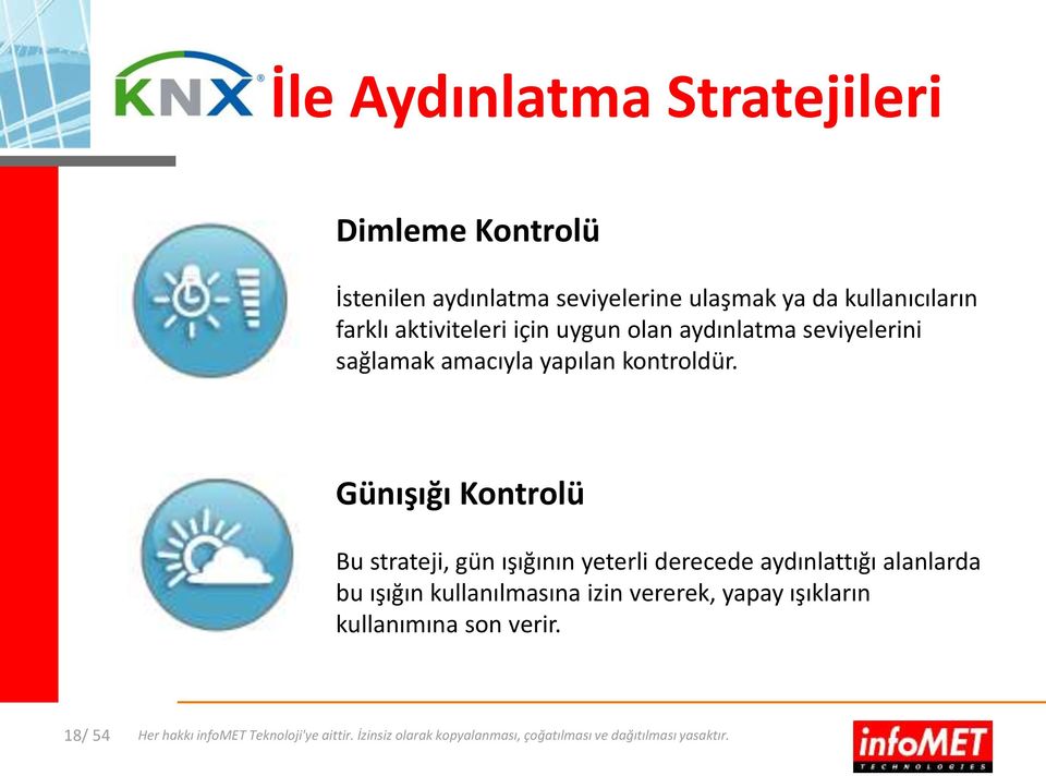 Günışığı Kontrolü Bu strateji, gün ışığının yeterli derecede aydınlattığı alanlarda bu ışığın kullanılmasına izin