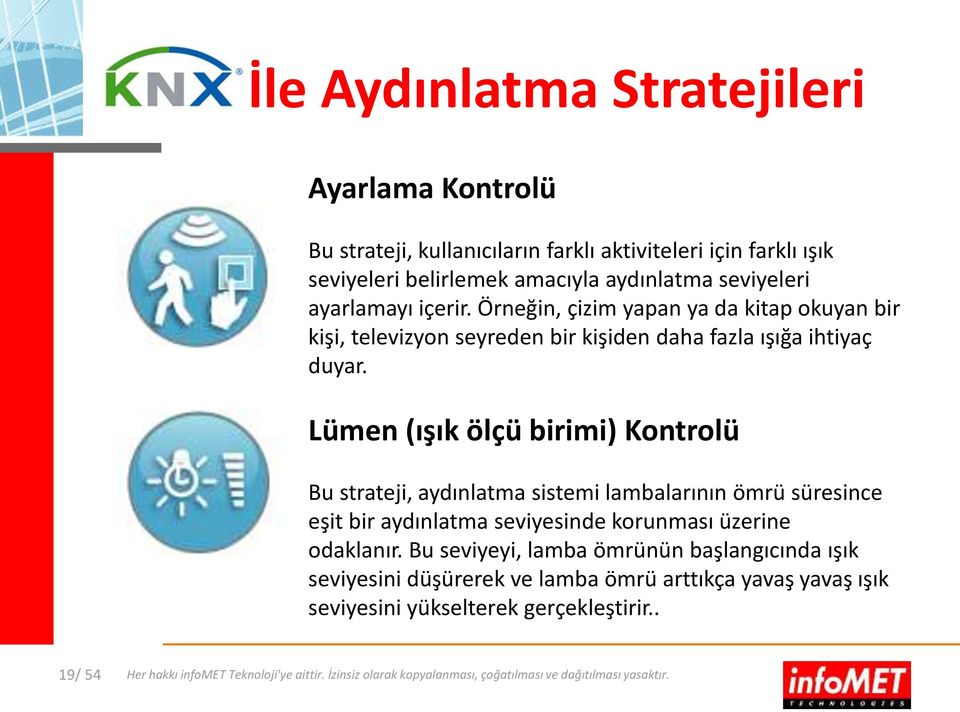 Lümen (ışık ölçü birimi) Kontrolü Bu strateji, aydınlatma sistemi lambalarının ömrü süresince eşit bir aydınlatma seviyesinde korunması üzerine odaklanır.