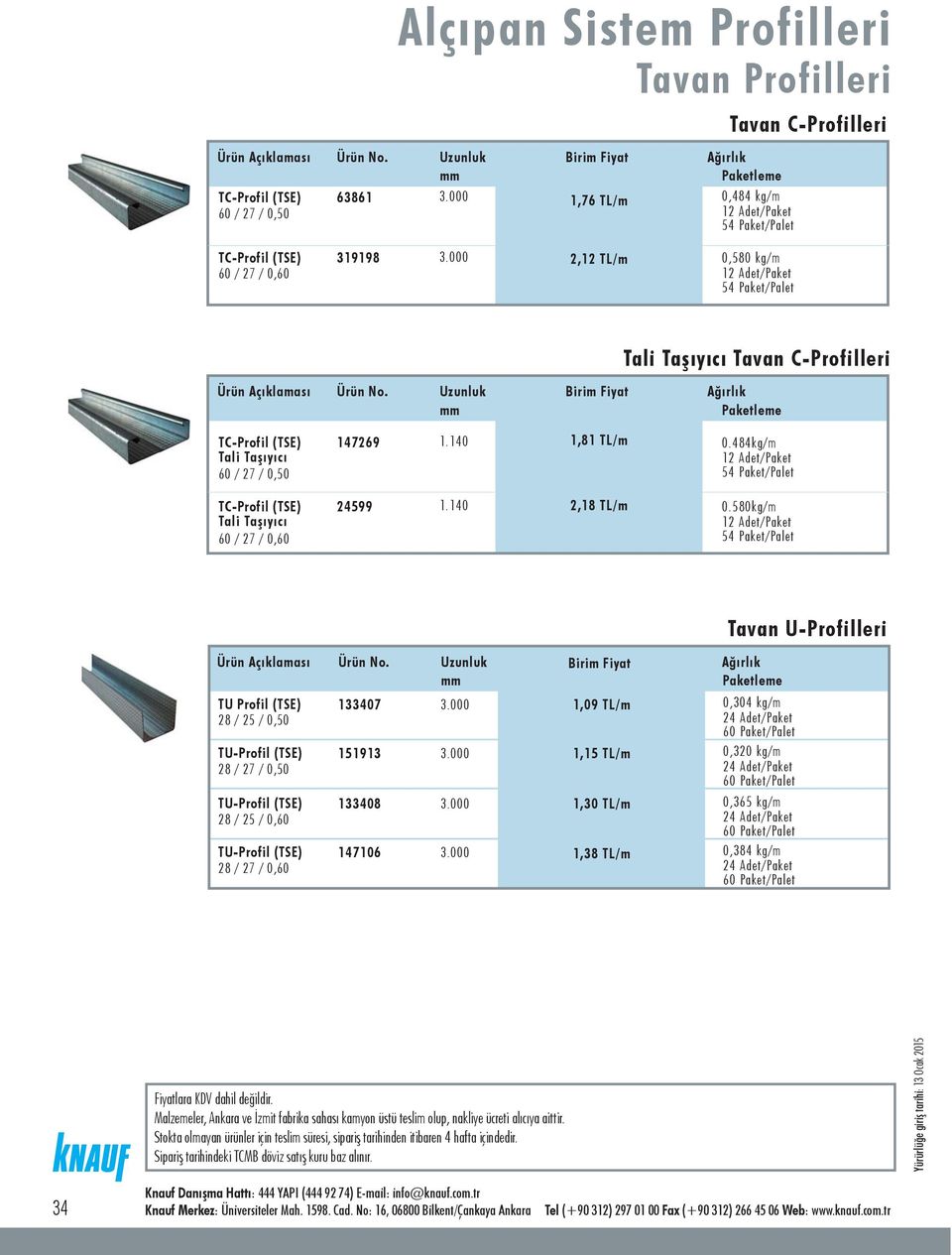 484kg/m 54 Paket/Palet TC-Profil (TSE) Tali Taþýyýcý 60 / 27 / 0,60 24599 1.140 2,18 TL/m 0.