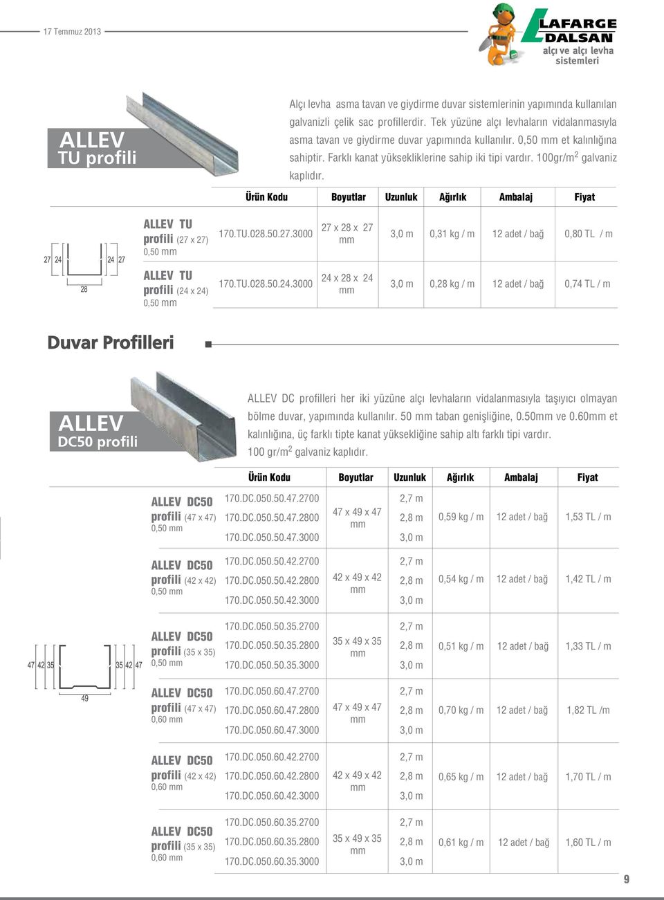 100gr/m 2 galvaniz kaplıdır. Boyutlar Uzunluk Ağırlık Ambalaj TU profili (27 x 27) 0,50 170.TU.028.50.27.3000 27 x 28 x 27 0,31 kg / m 12 adet / bağ 0,80 TL / m TU profili (24 