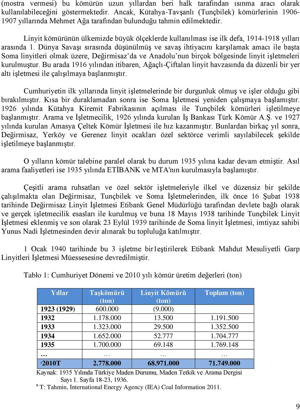 Linyit kömürünün ülkemizde büyük ölçeklerde kullanılması ise ilk defa, 1914-1918 yılları arasında 1.