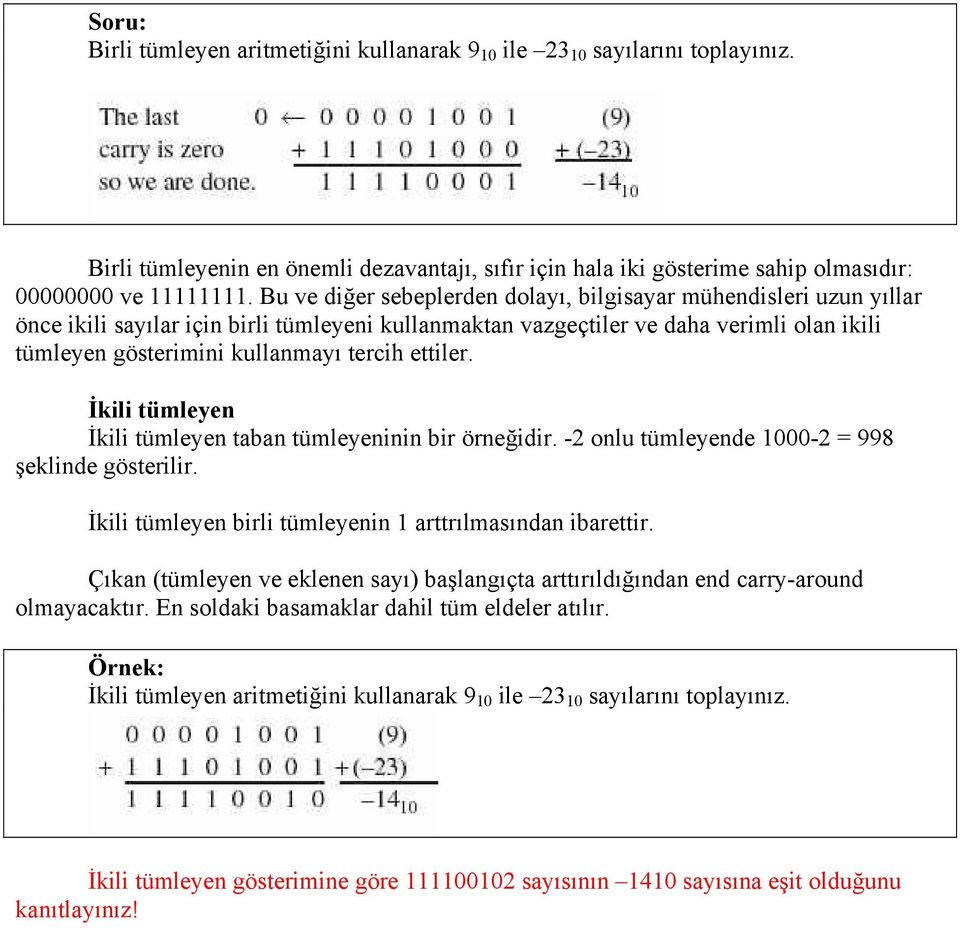 ettiler. İkili tümleyen İkili tümleyen taban tümleyeninin bir örneğidir. -2 onlu tümleyende 1000-2 = 998 şeklinde gösterilir. İkili tümleyen birli tümleyenin 1 arttrılmasından ibarettir.