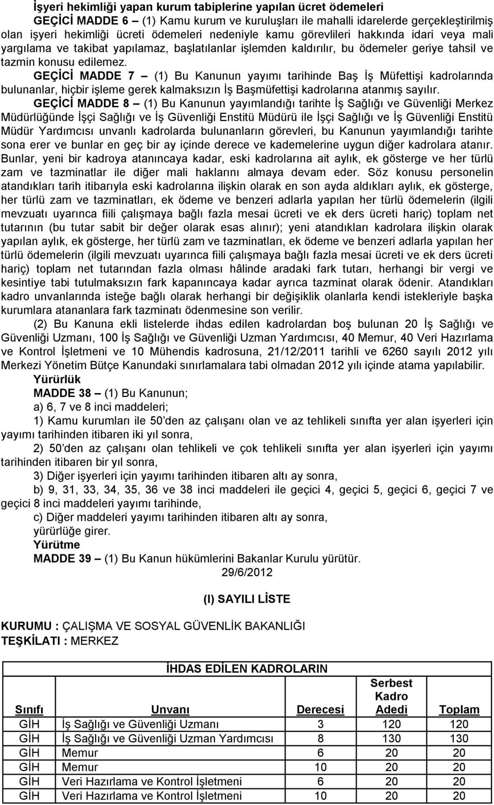 GEÇİCİ MADDE 7 (1) Bu Kanunun yayımı tarihinde Baş İş Müfettişi kadrolarında bulunanlar, hiçbir işleme gerek kalmaksızın İş Başmüfettişi kadrolarına atanmış sayılır.