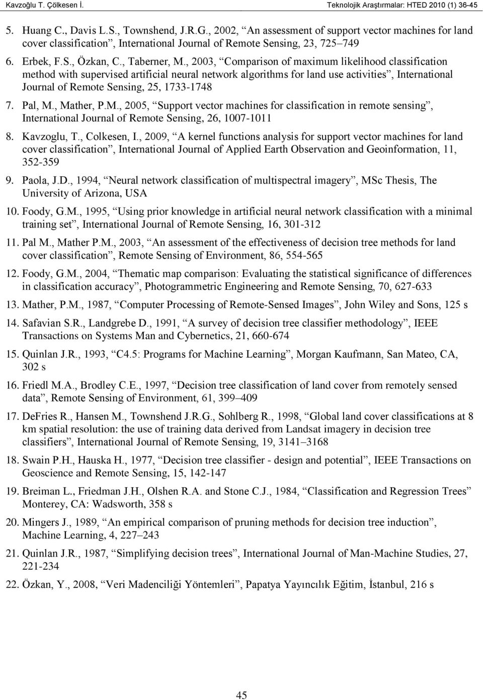 , 2003, Comparison of maximum likelihood classification method with supervised artificial neural network algorithms for land use activities, International Journal of Remote Sensing, 25, 1733-1748 7.