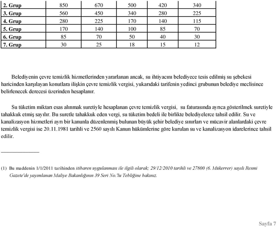 yukarıdaki tarifenin yedinci grubunun belediye meclisince belirlenecek derecesi üzerinden hesaplanır.