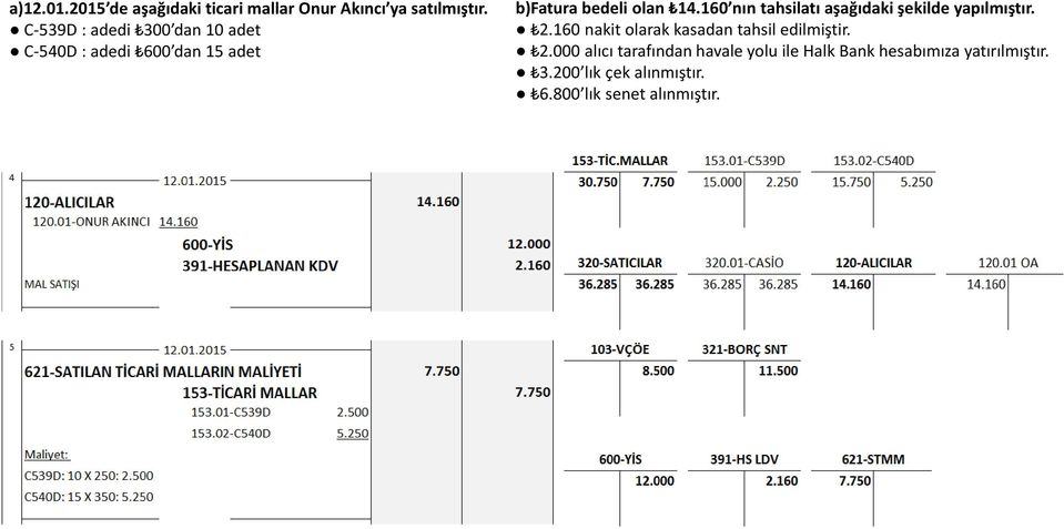 160 nın tahsilatı aşağıdaki şekilde yapılmıştır. 2.160 nakit olarak kasadan tahsil edilmiştir.