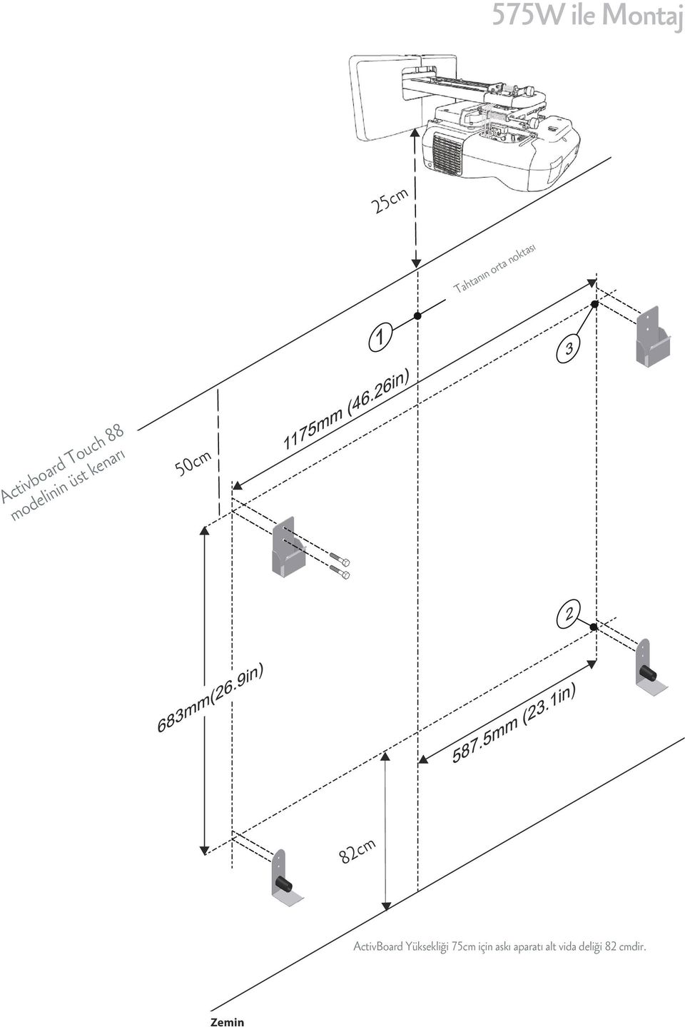 50cm 82cm ActivBoard Yüksekliği 75cm için