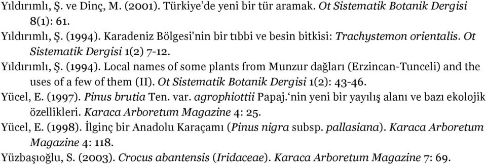 Local names of some plants from Munzur dağları (Erzincan-Tunceli) and the uses of a few of them (II). Ot Sistematik Botanik Dergisi 1(2): 43-46. Yücel, E. (1997). Pinus brutia Ten. var.