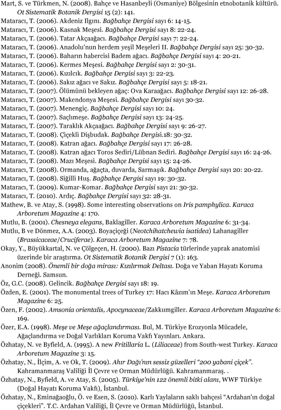 Bağbahçe Dergisi sayı 25: 30-32. Mataracı, T. (2006). Baharın habercisi Badem ağacı. Bağbahçe Dergisi sayı 4: 20-21. Mataracı, T. (2006). Kermes Meşesi. Bağbahçe Dergisi sayı 2: 30-31. Mataracı, T. (2006). Kızılcık.