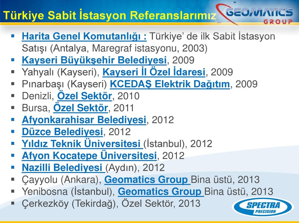 Sektör, 2011 Afyonkarahisar Belediyesi, 2012 Düzce Belediyesi, 2012 Yıldız Teknik Üniversitesi (İstanbul), 2012 Afyon Kocatepe Üniversitesi, 2012 Nazilli