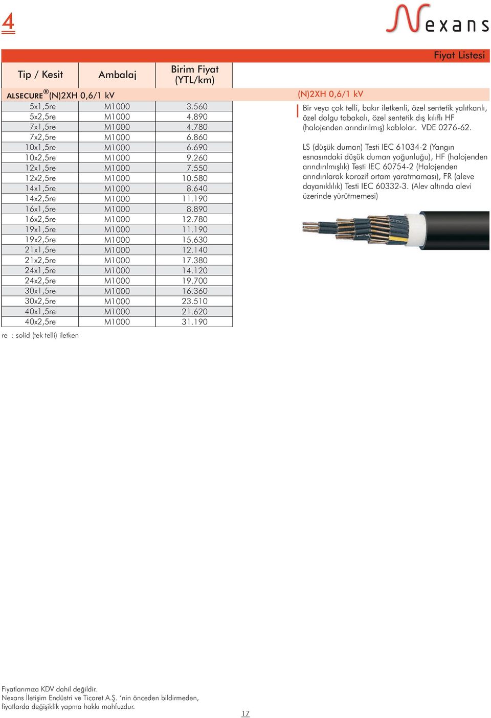 510 40x1,5re 21.620 40x2,5re 31.190 Bir veya þok telli, bak²r iletkenli, zel sentetik yal²tkanl², zel dolgu tabakal², zel sentetik d² k²l²fl² HF (halojenden ar²nd²r²lm² ) kablolar. VDE 0276-62.