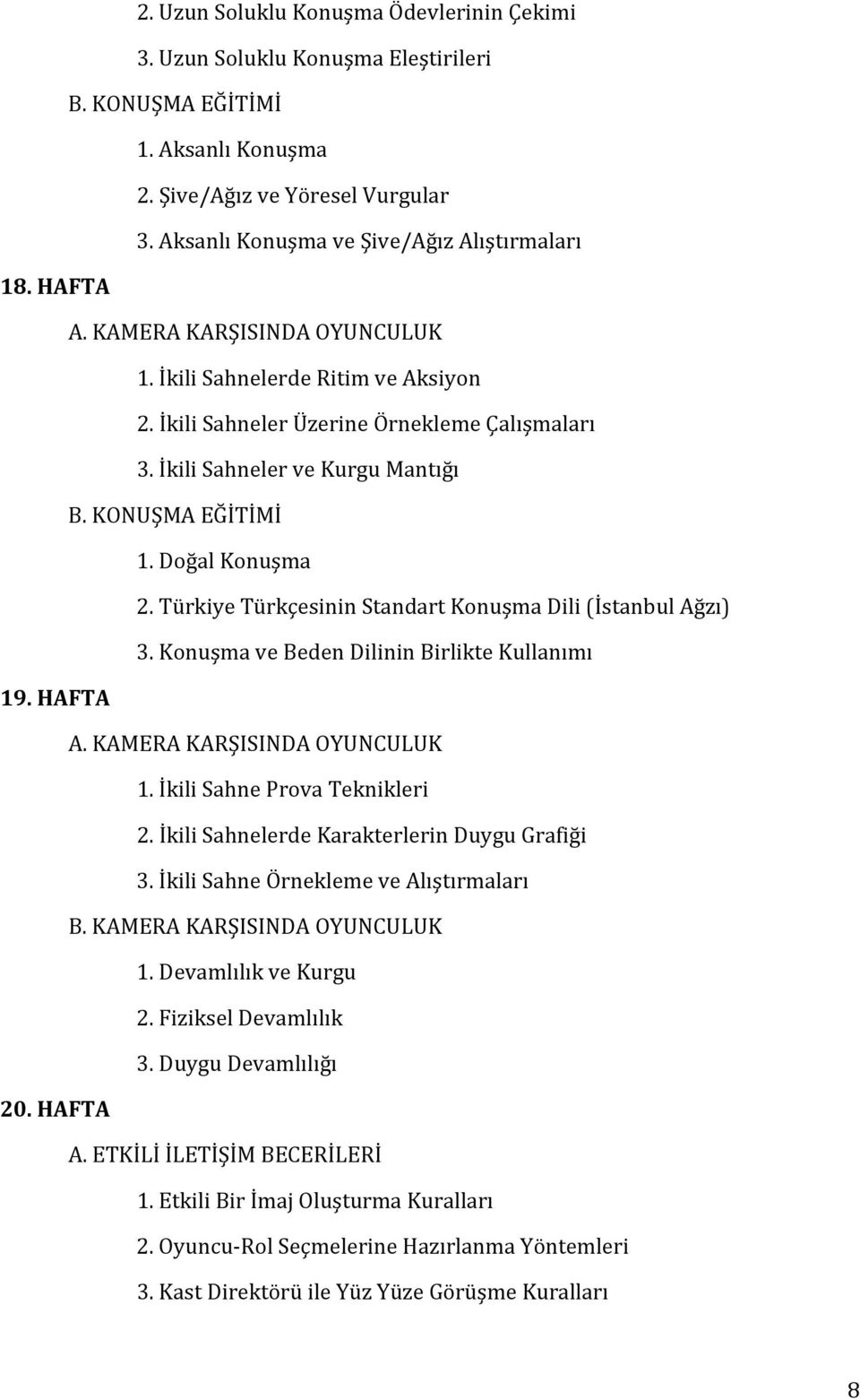 Türkiye Türkçesinin Standart Konuşma Dili (İstanbul Ağzı) 3. Konuşma ve Beden Dilinin Birlikte Kullanımı A. KAM ERA KARŞISINDA OYUNCULUK 1. İkili Sahne Prova Teknikleri 2.