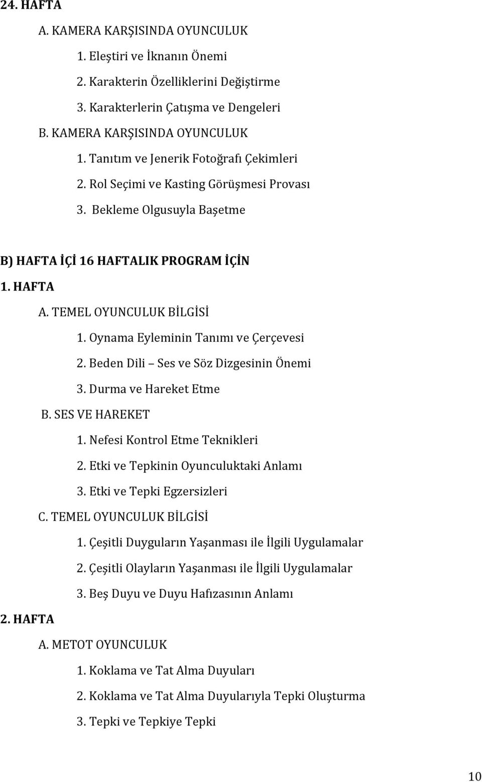 Beden Dili Ses ve Söz Dizgesinin Önemi 3. Durma ve Hareket Etme B. SES VE HAREKET 1. Nefesi Kontrol Etme Teknikleri 2. Etki ve Tepkinin Oyunculuktaki Anlamı 3. Etki ve Tepki Egzersizleri C.