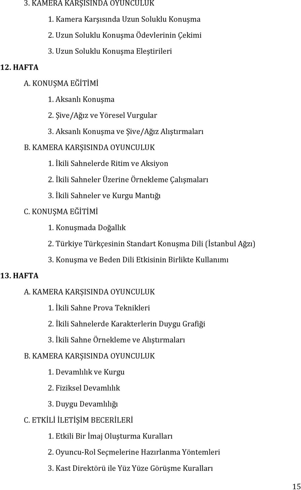 İkili Sahneler Üzerine Örnekleme Çalışmaları 3. İkili Sahneler ve Kurgu Mantığı C. KONUŞMA EĞİTİMİ 1. Konuşmada Doğallık 2. Türkiye Türkçesinin Standart Konuşma Dili (İstanbul Ağzı) 3.