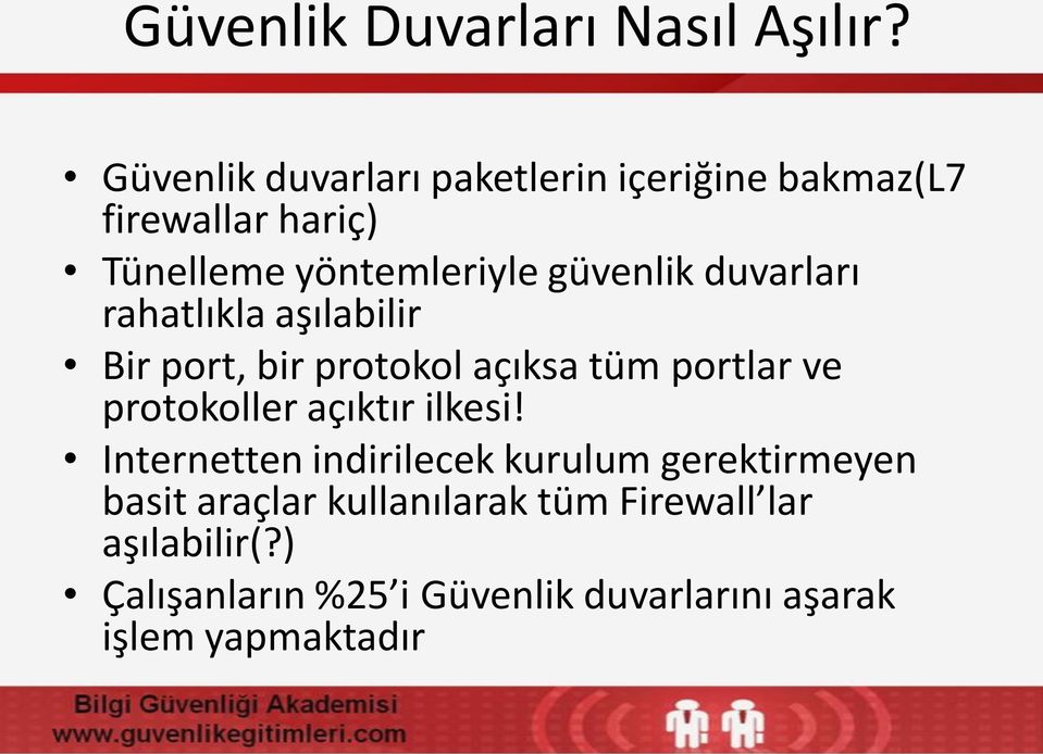 duvarları rahatlıkla aşılabilir Bir port, bir protokol açıksa tüm portlar ve protokoller açıktır