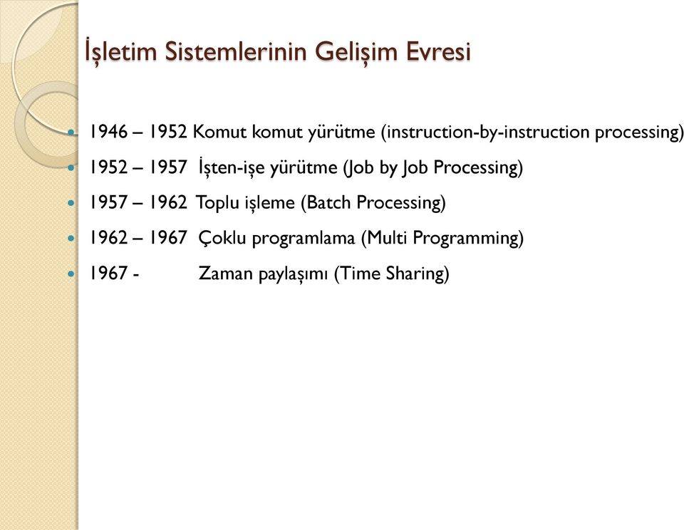 (Job by Job Processing) 1957 1962 Toplu işleme (Batch Processing) 1962