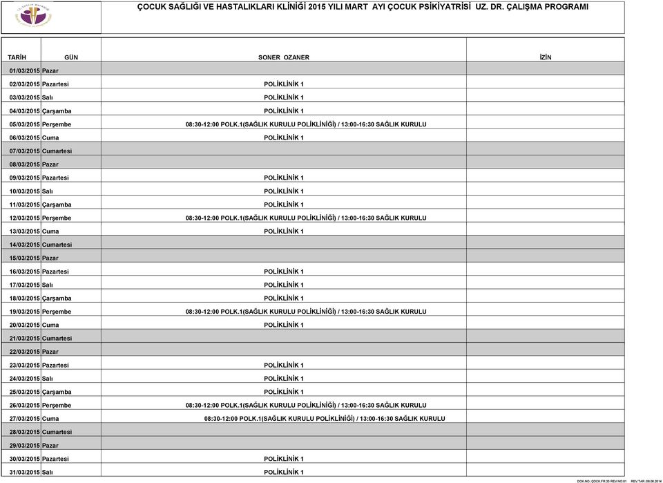 1( KURULU ) / 13:00-16:30 KURULU 06/03/2015 Cuma POLİKLİNİK 1 07/03/2015 Cumartesi 08/03/2015 Pazar 09/03/2015 Pazartesi POLİKLİNİK 1 10/03/2015 Salı POLİKLİNİK 1 11/03/2015 Çarşamba POLİKLİNİK 1