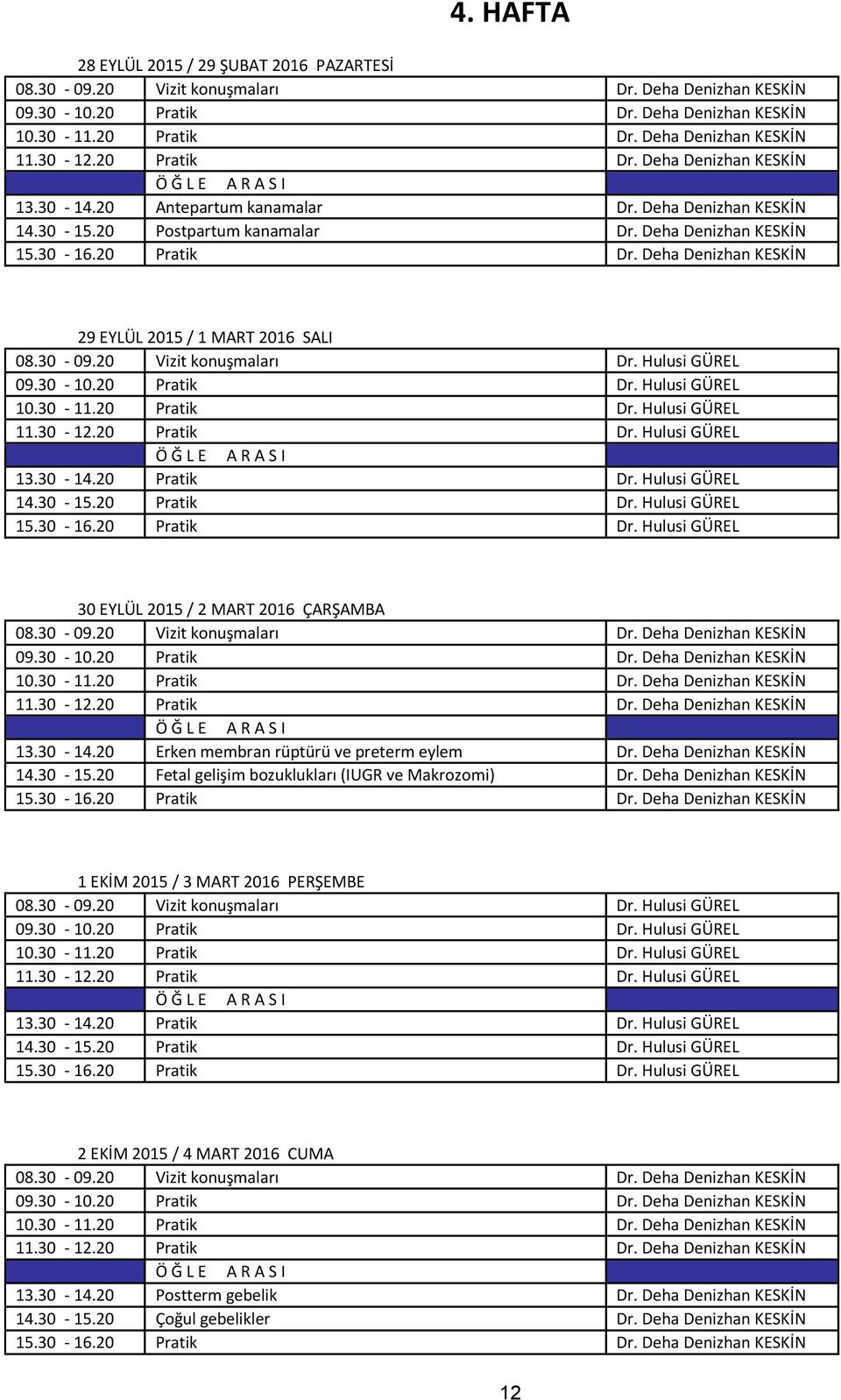 Hulusi GÜREL Dr. Hulusi GÜREL 10.30-11.20 Pratik Dr. Hulusi GÜREL 11.30-12.20 Pratik Dr. Hulusi GÜREL 13.30-14.20 Pratik Dr. Hulusi GÜREL 14.30-15.20 Pratik Dr. Hulusi GÜREL Dr.