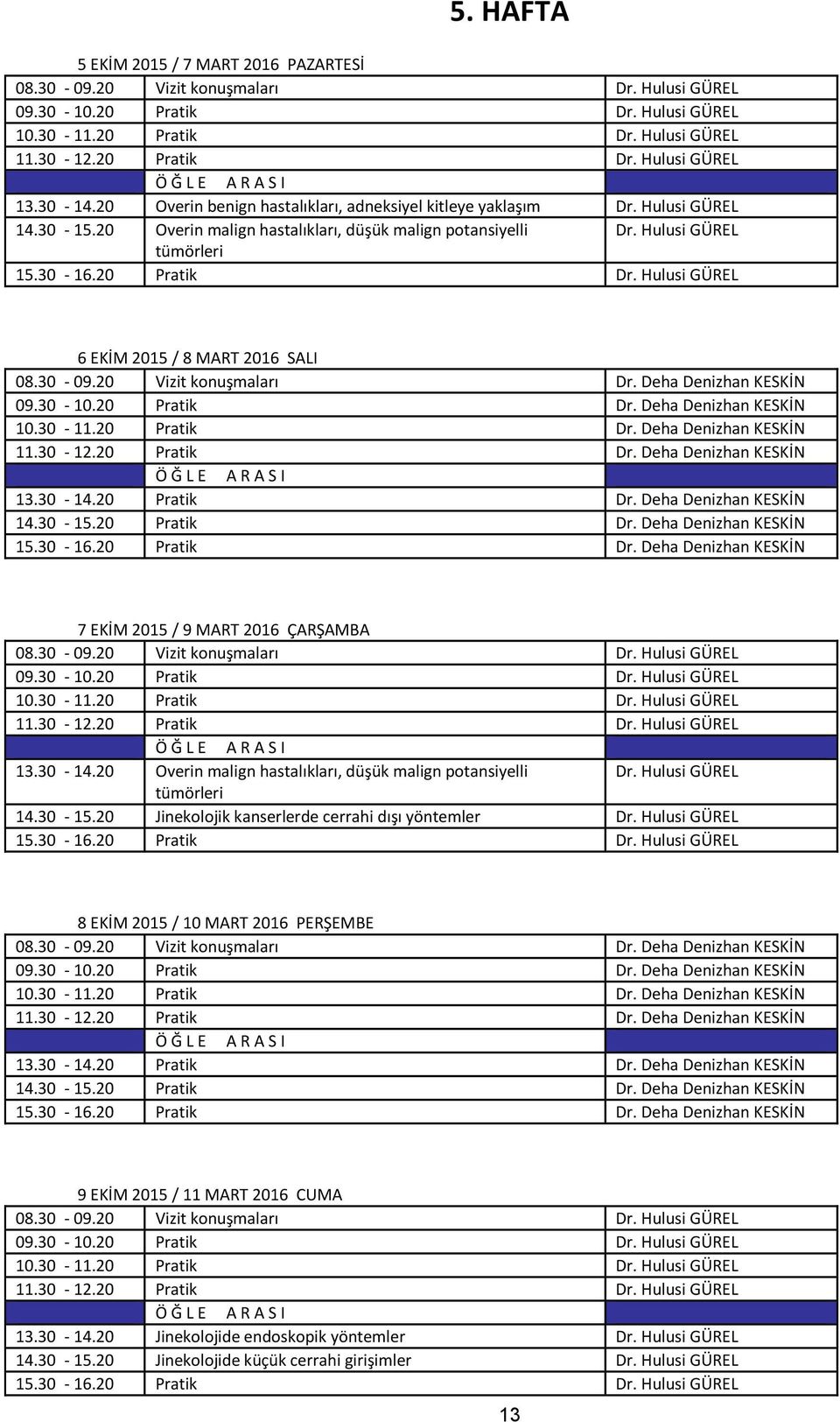 Hulusi GÜREL 6 EKİM 2015 / 8 MART 2016 SALI konuşmaları Dr. Deha Denizhan KESKİN Dr. Deha Denizhan KESKİN 10.30-11.20 Pratik Dr. Deha Denizhan KESKİN 11.30-12.20 Pratik Dr. Deha Denizhan KESKİN 13.