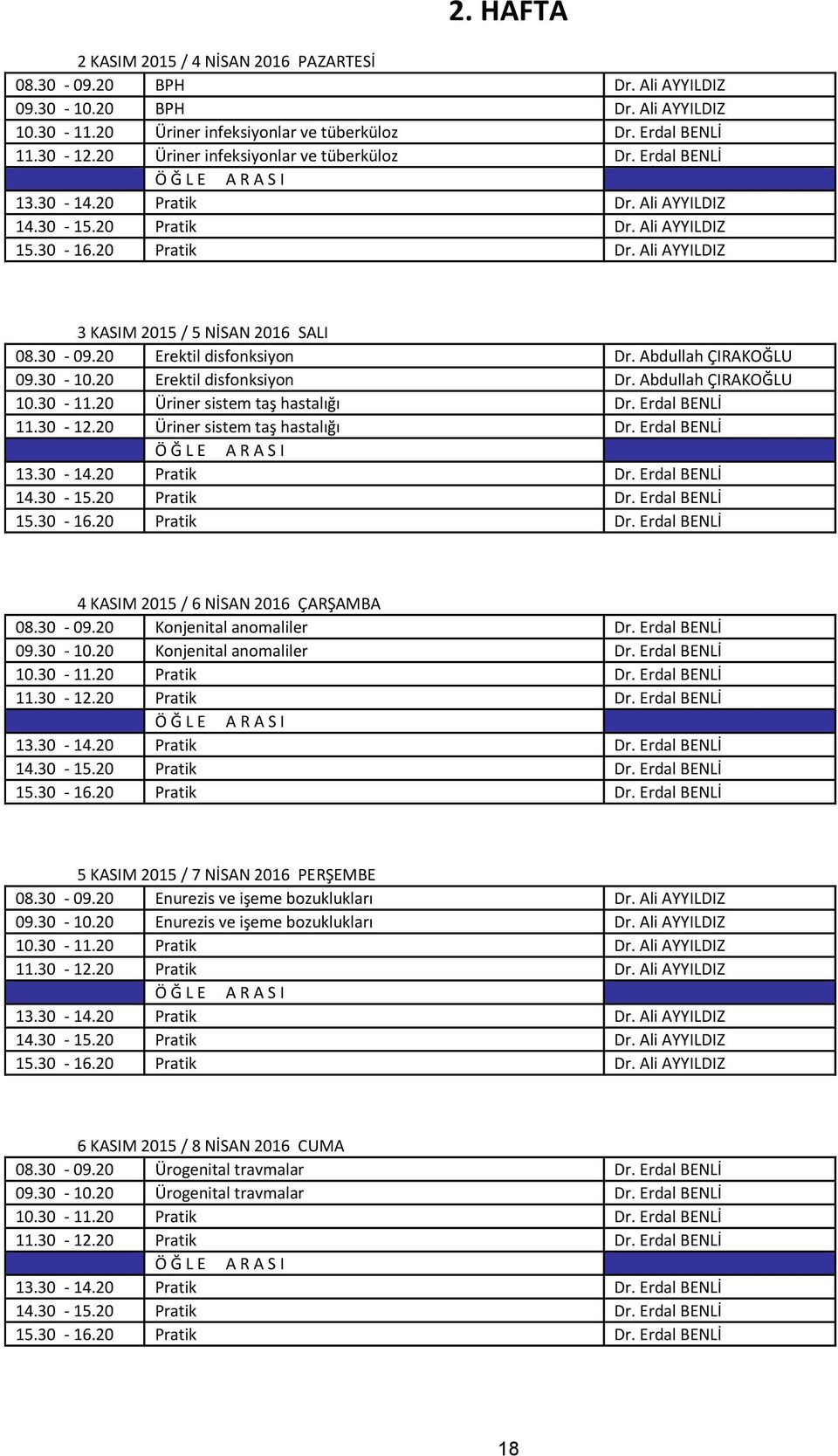 20 Erektil disfonksiyon Dr. Abdullah ÇIRAKOĞLU 09.30-10.20 Erektil disfonksiyon Dr. Abdullah ÇIRAKOĞLU 10.30-11.20 Üriner sistem taş hastalığı Dr. Erdal BENLİ 11.30-12.