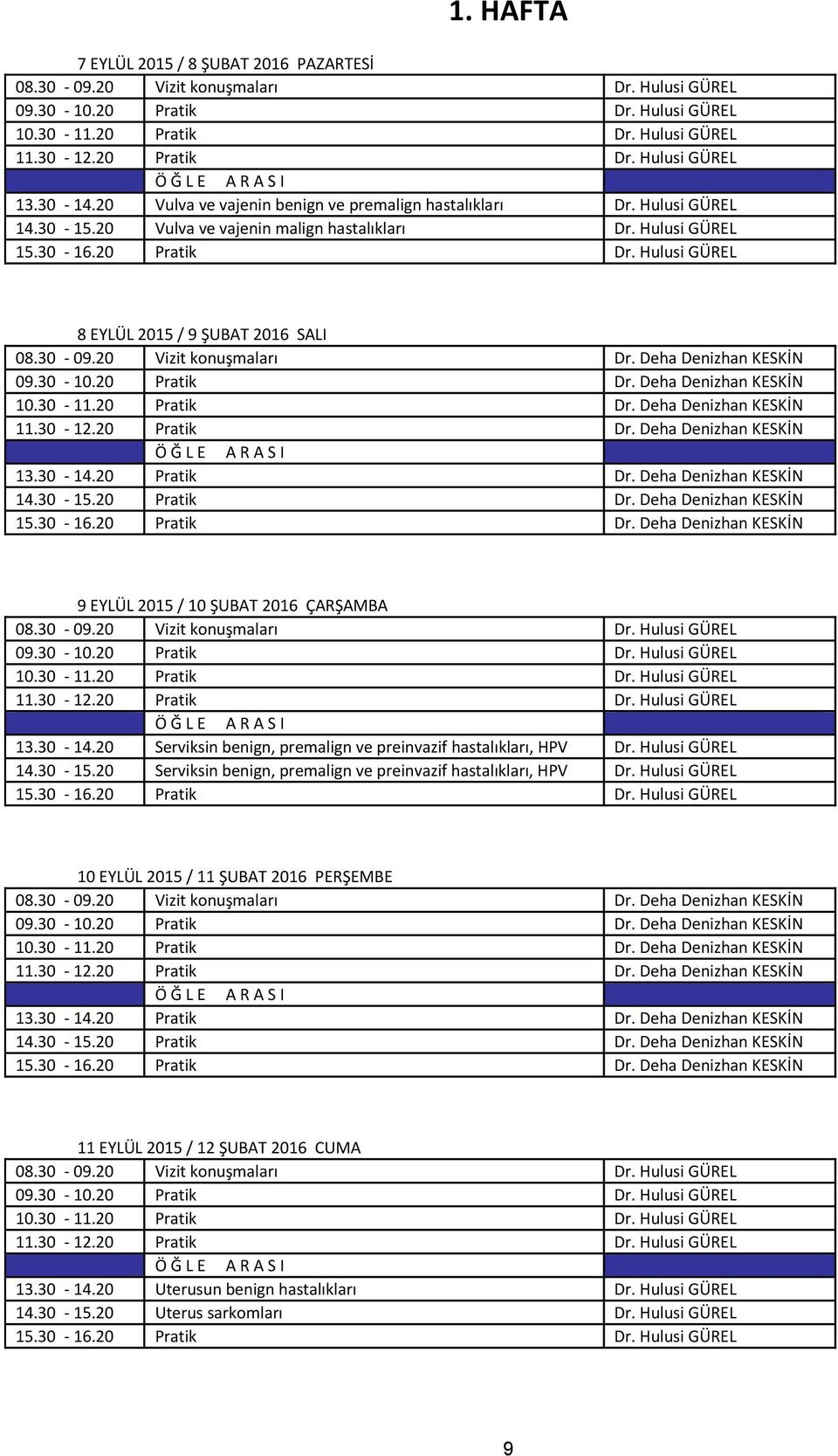 Hulusi GÜREL 8 EYLÜL 2015 / 9 ŞUBAT 2016 SALI konuşmaları Dr. Deha Denizhan KESKİN Dr. Deha Denizhan KESKİN 10.30-11.20 Pratik Dr. Deha Denizhan KESKİN 11.30-12.20 Pratik Dr. Deha Denizhan KESKİN 13.