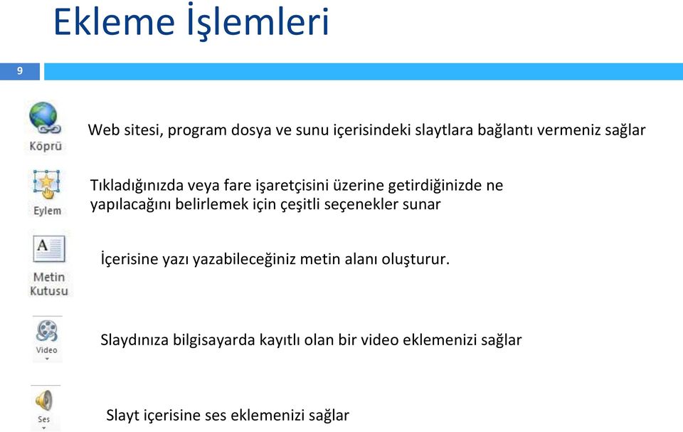 belirlemek için çeşitli seçenekler sunar İçerisine yazı yazabileceğiniz metin alanı oluşturur.