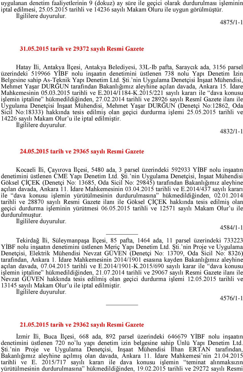 2015 tarih ve 29372 sayılı Resmi Gazete Hatay İli, Antakya İlçesi, Antakya Belediyesi, 33L-Ib pafta, Saraycık ada, 3156 parsel üzerindeki 519966 YİBF nolu inşaatın denetimini üstlenen 738 nolu Yapı