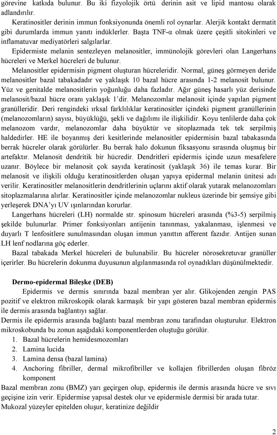 Epidermiste melanin sentezleyen melanositler, immünolojik görevleri olan Langerhans hücreleri ve Merkel hücreleri de bulunur. Melanositler epidermisin pigment oluşturan hücreleridir.