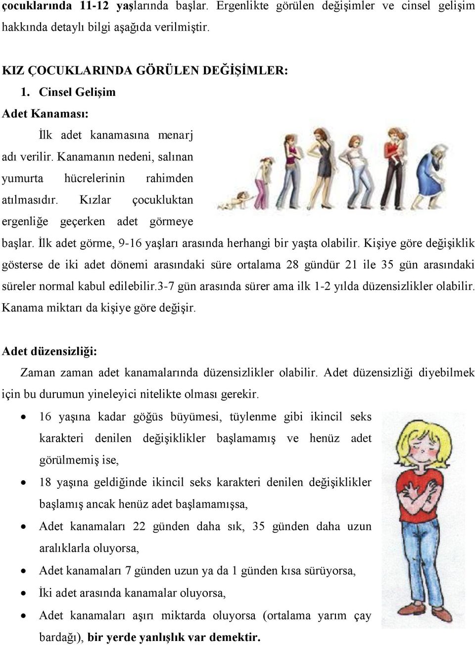 İlk adet görme, 9-16 yaşları arasında herhangi bir yaşta olabilir.