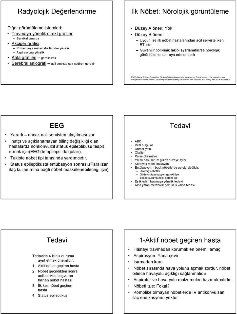 Güvenilir poliklinik takibi ayarlanabilirse nörolojik görüntüleme sonraya ertelenebilir ACEP Clinical Policies Committee; Clinical Policies Subcommitte on Seizures: Critical issues in the evaluation