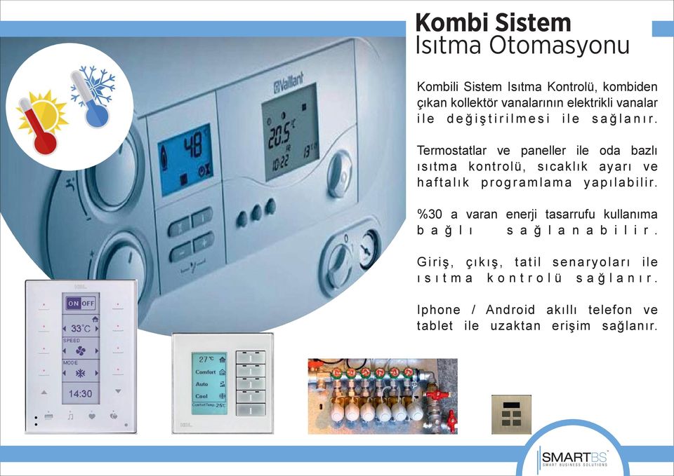 Termostatlar ve paneller ile oda bazlı ısıtma kontrolü, sıcaklık ayarı ve h a f t a l ı k p r o g r a m l a m a y a p ı l a b i l i r.