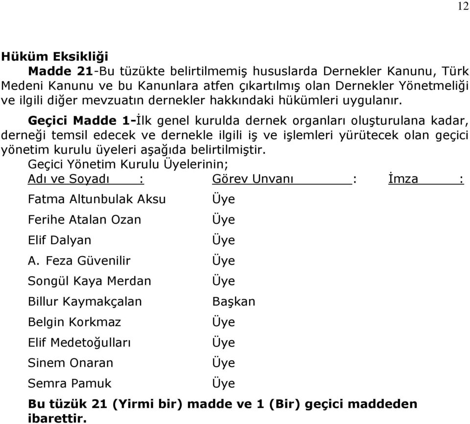 Geçici Madde 1-İlk genel kurulda dernek organları oluşturulana kadar, derneği temsil edecek ve dernekle ilgili iş ve işlemleri yürütecek olan geçici yönetim kurulu üyeleri aşağıda