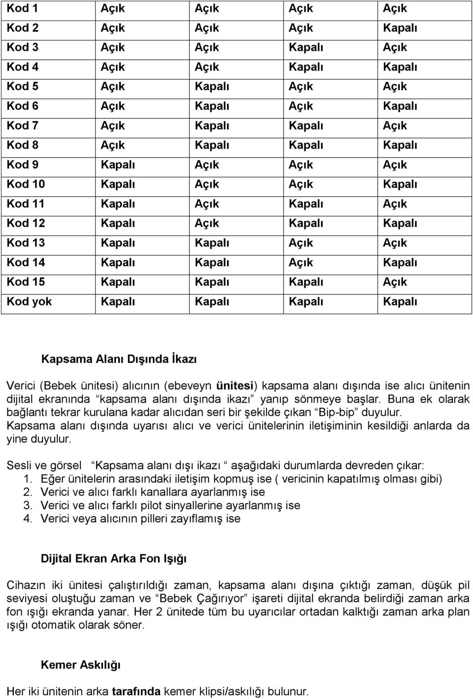 Kapalı Açık Kapalı Kod 15 Kapalı Kapalı Kapalı Açık Kod yok Kapalı Kapalı Kapalı Kapalı Kapsama Alanı DıĢında Ġkazı Verici (Bebek ünitesi) alıcının (ebeveyn ünitesi) kapsama alanı dışında ise alıcı