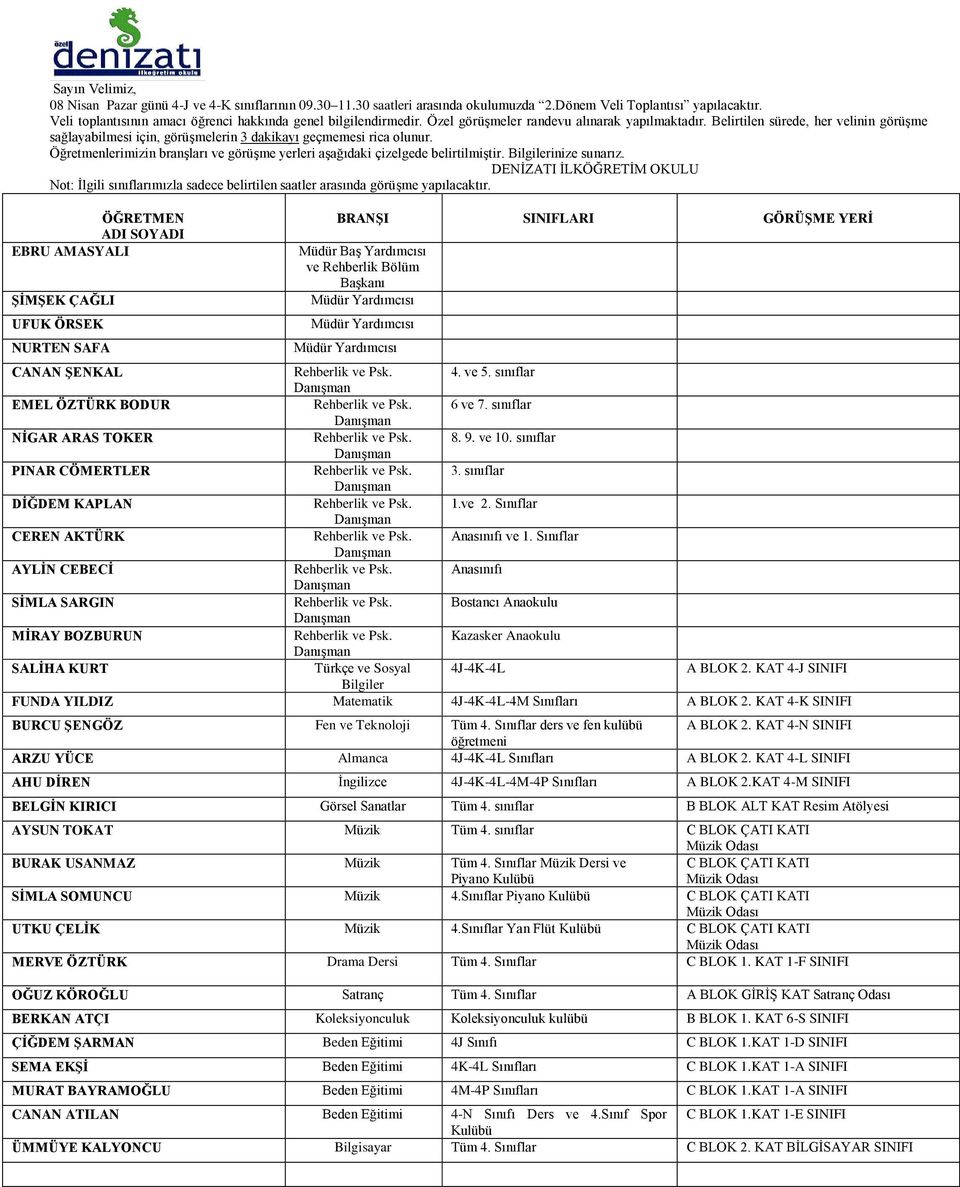 KAT 4-J SINIFI FUNDA YILDIZ Matematik 4J-4K-4L-4M Sınıfları A BLOK 2. KAT 4-K SINIFI BURCU ŞENGÖZ Fen ve Teknoloji Tüm 4. Sınıflar ders ve fen kulübü A BLOK 2.