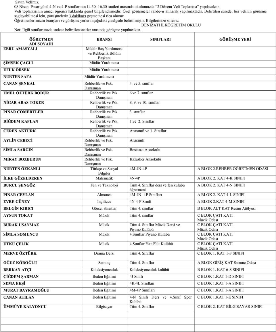 REHBER ODASI İLKE GÜZELDEREN Matematik 4N-4P A BLOK 2. KAT 4-K SINIFI BURCU ŞENGÖZ Fen ve Teknoloji Tüm 4. Sınıflar ders ve fen kulübü A BLOK 2.