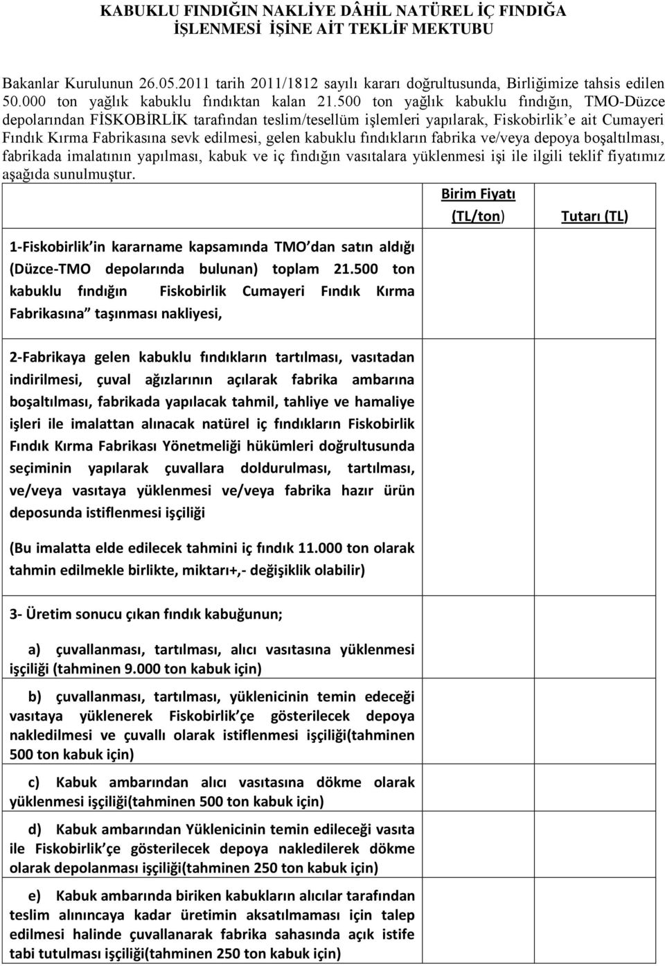 500 ton yağlık kabuklu fındığın, TMO-Düzce depolarından FİSKOBİRLİK tarafından teslim/tesellüm işlemleri yapılarak, Fiskobirlik e ait Cumayeri Fındık Kırma Fabrikasına sevk edilmesi, gelen kabuklu