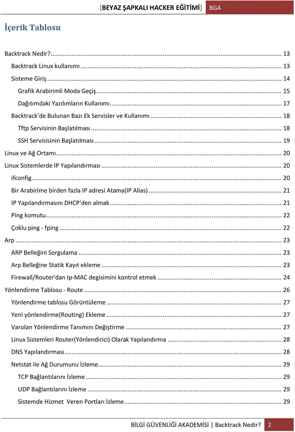.. 20 ifconfig... 20 Bir Arabirime birden fazla IP adresi Atama(IP Alias)... 21 IP Yapılandırmasını DHCP den almak... 21 Ping komutu... 22 Çoklu ping - fping... 22 Arp... 23 ARP Belleğini Sorgulama.