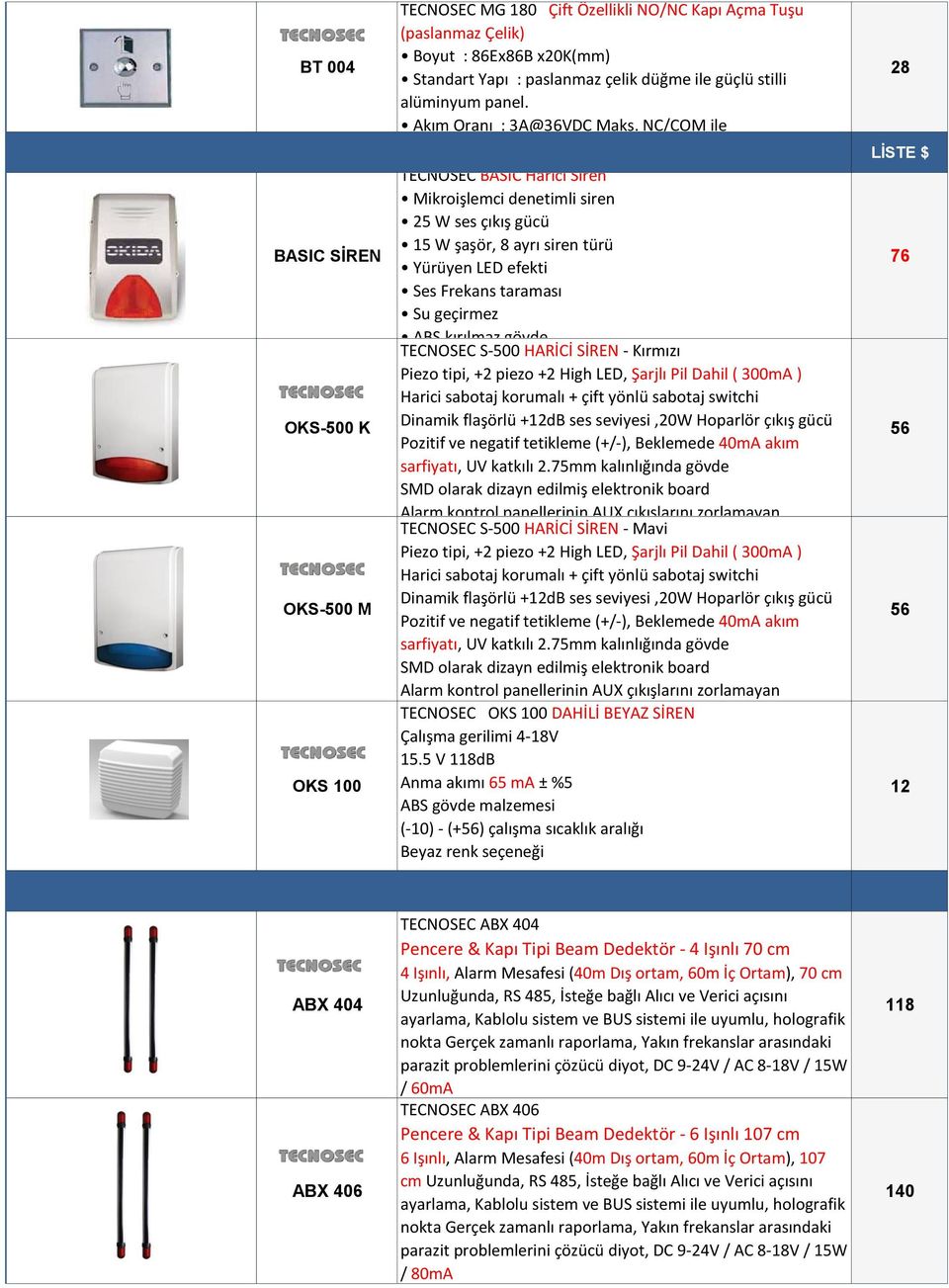 NC/COM ile TECNOSEC BASIC Harici Siren Mikroişlemci denetimli siren 2 W ses çıkış gücü 1 W şaşör, 8 ayrı siren türü Yürüyen LED efekti Ses Frekans taraması Su geçirmez ABS kırılmaz gövde TECNOSEC